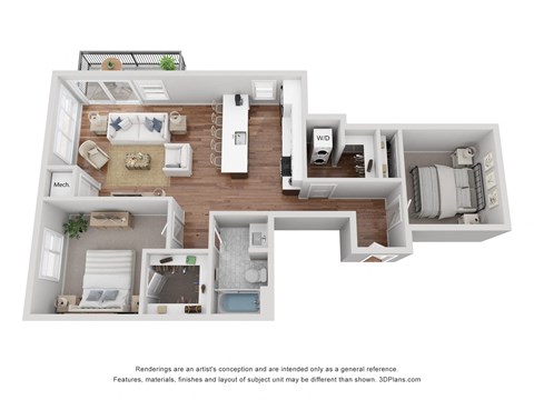 B3 is 2 Bed, 1 Bath at 1,039 Sq. Ft.
From the entry door, to the left is the kitchen, followed by the dining and living area with patio access. From the entry door, to the right is the bathroom, followed by two bedrooms and a washer/dryer closet.